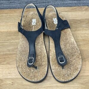 SAS Marina Sandals Womens 9.5 W Black Leather T-Strap Wide Cork Bed Thong Shoes